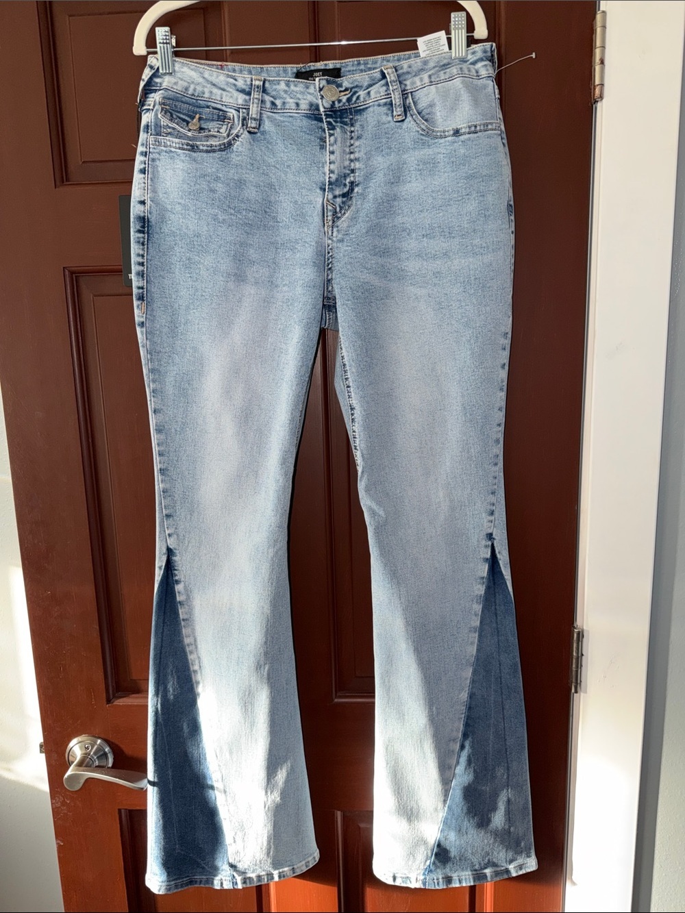 True Religion Light Blue Two-Tone Flare Jeans with Front Slits